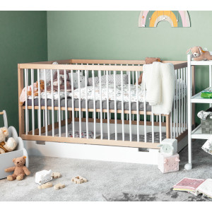 Babybett TONI 60x120 cm aus Buchenholz, mit Schlupfsprossen und Bettkasten, in natur-weiß und umbaubar