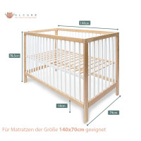 Babybett TONI 70x140 cm aus Buchenholz, mit Schlupfsprossen, in natur-weiß und umbaubar