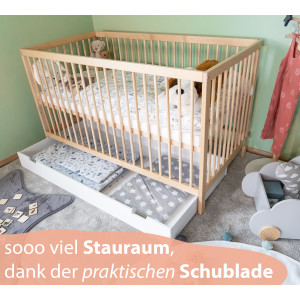 Babybett TONI 60x120 cm aus Buchenholz, mit Schlupfsprossen und Bettkasten, in natur und umbaubar