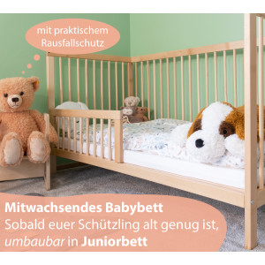 Babybett TONI 70x140 cm aus Buchenholz, mit Schlupfsprossen, in natur und umbaubar