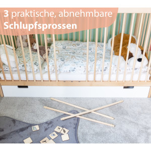 Babybett TONI 70x140 cm aus Buchenholz, mit Schlupfsprossen und Bettkasten, in natur und umbaubar