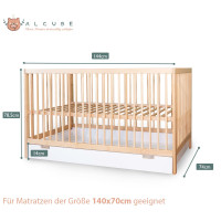 Babybett TONI 70x140 cm aus Buchenholz, mit Schlupfsprossen und Bettkasten, in natur und umbaubar