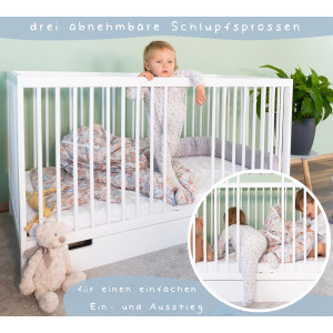 Babybett TONI 60x120 cm aus Buchenholz, mit Schlupfsprossen und Bettkasten, in weiß und umbaubar