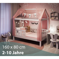 Retoure ungeöffnet Hausbett HEIM 80x160 cm aus Kiefernholz, mit Roll-Lattenrost und Rausfallschutz in weiß