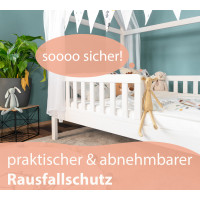 Hausbett HEIM 90x200 cm aus Kiefernholz, mit Roll-Lattenrost, Rausfallschutz und Schubladen in weiß