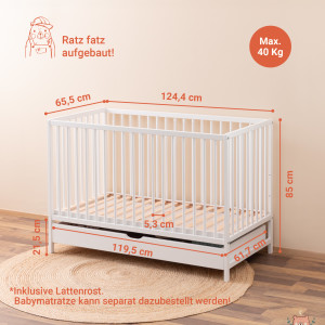 FINN Babybett mit Schublade in Weiß - Gitterbett 60x120 aus Massivholz - höhenverstellbar und umbaubar