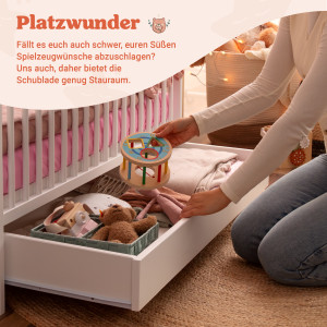 FINN Babybett mit Schublade in Weiß - Gitterbett 60x120 aus Massivholz - höhenverstellbar