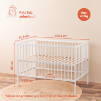 FINN Babybett mit Matratze 60x120 - Gitterbett höhenverstellbar und umbaubar - Kinderbett aus Massivholz