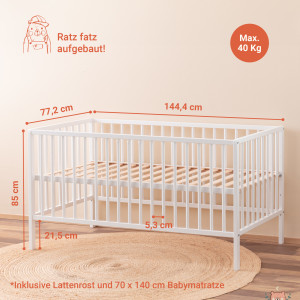 FINN Babybett mit Matratze 70x140 - Gitterbett höhenverstellbar und umbaubar - Kinderbett aus Massivholz