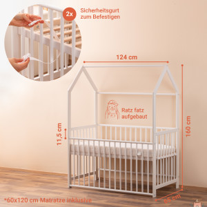 Babybett 60x120 cm MILO Komplettset mit Matratze und Deko in Weiß, Kinderbett umbaubar zum Juniorbett und Beistellbett