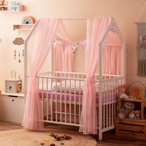 Babybett 60x120 cm MILO Komplettset mit Matratze und Deko in Rosa, Kinderbett umbaubar zum Juniorbett und Beistellbett