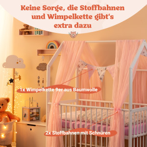 Babybett 60x120 cm MILO Komplettset mit Matratze und Deko in Rosa, Kinderbett umbaubar zum Juniorbett und Beistellbett