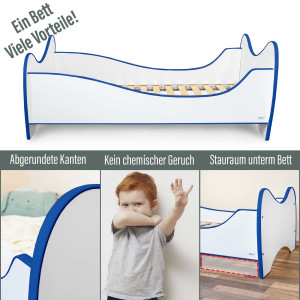 Kinderbett Swinging Blue Edge 140 x 70 cm mit Rausfallschutz, Lattenrost und Matratze MDF beschichtet