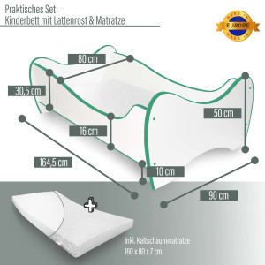 Kinderbett Swinging Green Edge 160 x 80 cm mit Rausfallschutz, Lattenrost und Matratze MDF beschichtet