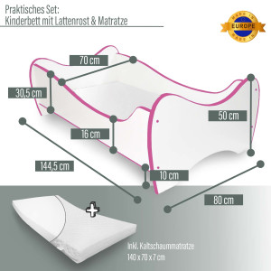Kinderbett Swinging Pink Edge 140 x 70 cm mit Rausfallschutz, Lattenrost und Matratze MDF beschichtet