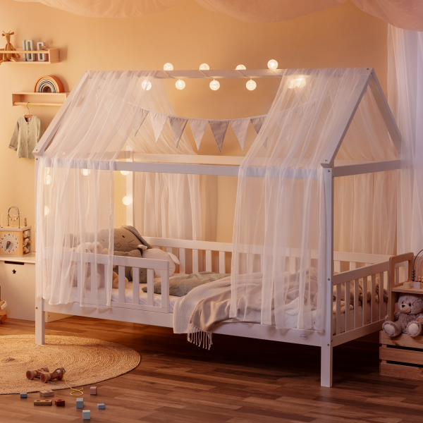 Deko-Set für Hausbett: Baldachin, Girlande und Lichterkette in weiß