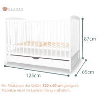 Babybett EMMI 60x120 cm aus Kiefernholz, mit Schlupfsprossen und Schublade in weiß und umbaubar
