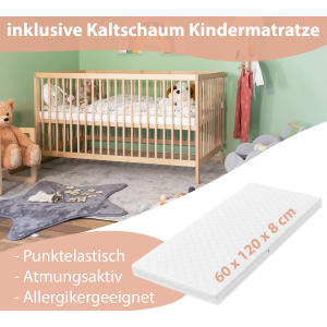 Babybett TONI 60x120 cm aus Buchenholz, mit Schlupfsprossen, Matratze und Schublade, in natur und umbaubar