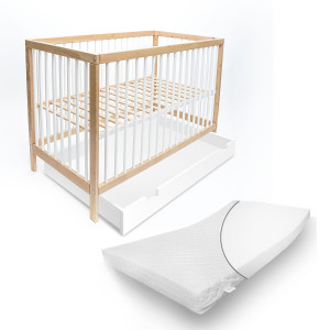 Babybett TONI 60x120 cm aus Buchenholz, mit Schlupfsprossen, Matratze und Schublade, in natur-weiß und umbaubar