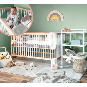 Babybett TONI 60x120 cm aus Buchenholz, mit Schlupfsprossen und Matratze, in natur-weiß und umbaubar