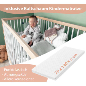 Babybett TONI 70x140 cm aus Buchenholz, mit Schlupfsprossen, Matratze und Schublade, in natur-weiß und umbaubar