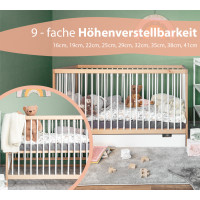 Babybett TONI 70x140 cm aus Buchenholz, mit Schlupfsprossen, Matratze und Schublade, in natur-weiß und umbaubar