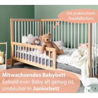 Babybett TONI 70x140 cm aus Buchenholz, mit Schlupfsprossen und Matratze, in natur-weiß und umbaubar