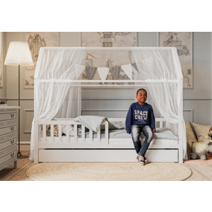 Hausbett HENNI 90x200 cm aus Buchenholz mit Roll-Lattenrost , Rausfallschutz und Bettkasten